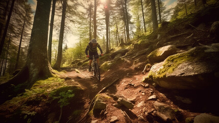 Wall Mural - mountain bike rider forest wide angle man riding woods trail seamless wood texture deep shadows young female ascending life mountains outdoors. Generative AI