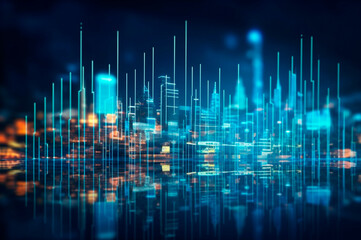 graph, statistical diagram neon blue lighting with financial indicators and investment city blurred in background. AI generated