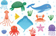 Cute sea and ocean animals. Set of cartoon characters. Shell, jellyfish, crab, stingray, algae, octopus, turtle, whale, starfish.