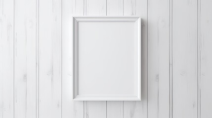 Poster - White wooden background with an empty white wooden frame for a painting, photograph, or writing. Unfinished wooden picture frame with a background for product display contemporary frame Generative AI