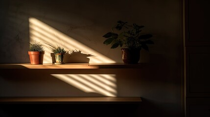 Poster - Plant on a shelf and an empty wooden shelf. the back of a desk. Luminous shadows. Generative AI