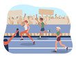 Group of athletes at competition concept. Men and women run in stadium. Athletes and marathon runners in competitions and tournaments. Active lifestyle and sports. Cartoon flat vector illustration