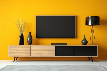 Wall Mural - Modern living room with TV on yellow wall and wooden plate over cabinet. Generative AI