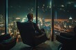 Thinking Out Loud. A Young Rich Business Man sitting on His Chair, Facing the Glass Window with City View. Generative AI