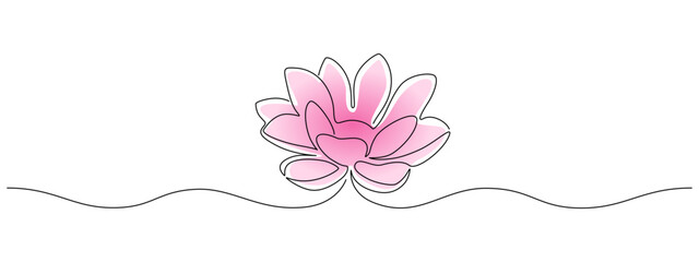 Aufkleber - Flower pink lotus in one continuous line drawing. Logo yoga studio and wellbeing spa salon concept in simple linear style. Water lily in editable stroke. Doodle outline vector illustration