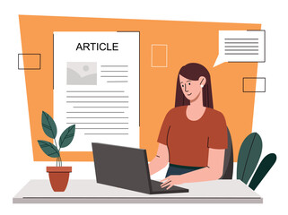Poster - woman write online articles concept. copywriter and freelancer makes money on internet. young girl w