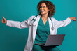 AI 38 years old female smiling doctor with laptop teal background