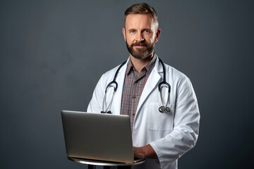 A confident male doctor stands next to a laptop computer on a metal table with a gray background