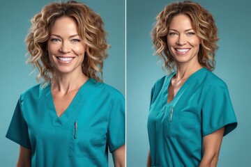 AI 34 years old nurse female smiling two frames blue background