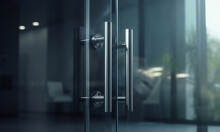 Illustration Of The Handle On The Door Of An Office. Metal Handle On The Glass Door. Glass Door With A Metal Handle Glass Door Glass Background. Realistic 3D Illustration. Generative AI