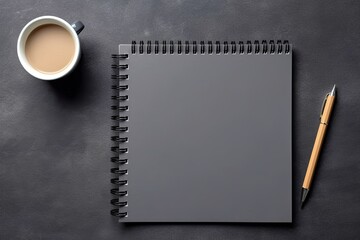 Poster - desk in dark gray with a minimalist design. Laptop, notebook, pencils, and coffee cup in the workspace. flat lay, top view, mockup template for blank paper, Generative AI