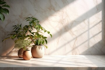 Sticker - empty dazzling white marble kitchen counter top illustration for a product display backdrop with a wallpapered beige wall, lovely sunlight, and vegetation shadow Background, Mock up, Generative AI