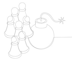 Poster - One continuous line of Pawn, Chess Piece with Bomb. Thin Line Illustration vector concept. Contour Drawing Creative ideas.