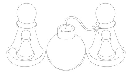 Poster - One continuous line of Pawn, Chess Piece with Bomb. Thin Line Illustration vector concept. Contour Drawing Creative ideas.