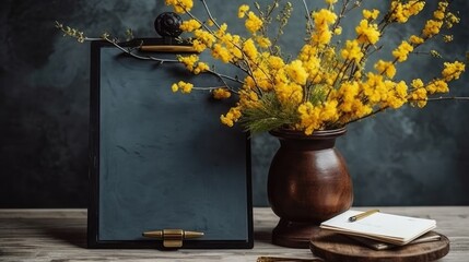 Wall Mural - Mockup of a clipboard and a wooden table with branches and yellow flowers in a vase. Generative AI
