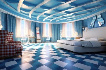 Poster - Interior of a bedroom with a checkered floor, a blue king bed, and a dining area in the distance. a mockup Generative AI