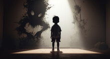  Kid Facing Scary Shadow Of Bad Person In The Shadow, Nightmare, Generative AI