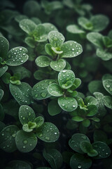 Oregano leaves adorned with shiny drops of water. Close up of a fresh green oregano leaf topping. Green fresh organic basil leaves. Realistic 3D illustration. Generative AI