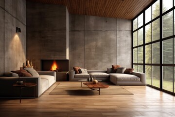 Wall Mural - Interior of a contemporary living room with a fireplace, concrete and wooden walls, a concrete floor, and loft windows. an angle. a mockup Generative AI