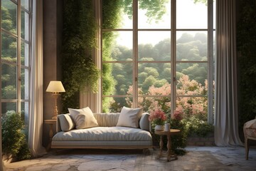 Wall Mural - Mockup of an interior scene and frame Large windows and a view of the corner of the green garden from the living area. Generative AI