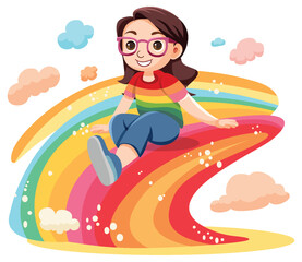 Wall Mural - Happy Girl on Rainbow Wave