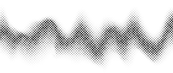 Poster - Halftone wave gradient texture. Faded noise grain wallpaper. Black and white grunge grit surface. Pixelated dotted sand background. Vector messy overlay backdrop