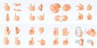 Collection of hand gestures 3D cartoon icon, character hands set, isolated on white background. 3D render illustration