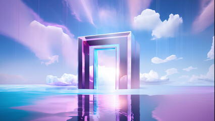 Abstract aesthetic background. Surreal fantasy landscape. Water, pink desert, glass like gate under the blue sky with white clouds. Virtual reality wallpaper