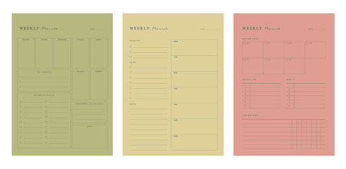 Wall Mural - (Nature) Weekly Planner. Minimalist planner template set. Vector illustration.	 