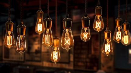 Decorative antique Edison style light bulbs, different shapes of retro lamps on dark background. Cafe or restaurant decoration details. 