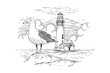 Lighthouse and seagull sketch vector illustration with artistic strokes