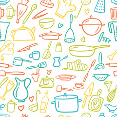 A pattern from a collection of kitchen utensils, hand-drawn in the style of a doodle