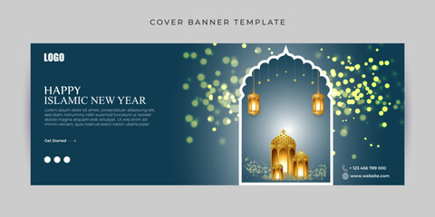 Wall Mural - Vector illustration of Happy Islamic New Year Facebook cover banner mockup Template