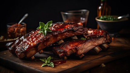 close up brown barbecue ribs with a sprinkling of chopped green vegetables and blur background