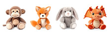 Stuffed Animal Toys Set Isolated On Transparent Background. Fluffy Soft Toys Including Monkey, Bunny, Fox, Dragon Toys Generative AI 