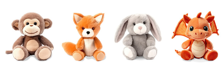 Stuffed animal toys set isolated on transparent background. Fluffy soft toys including monkey, bunny, fox, dragon toys Generative AI 