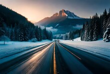 A Scenic Road Passing Through A Snowy Landscape During Sunrise, Created With Generative AI