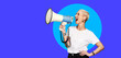 canvas print picture - Megaphone, announcement and woman voice isolated on blue background, banner and speaking, news or broadcast. Speech, opinion and gen z person in studio, mockup and call to action, protest or change
