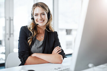 Poster - Happy woman, callcenter and arms crossed in portrait, contact us with communication and CRM. Customer service, phone call and female consultant with headset and smile, help desk and tech support