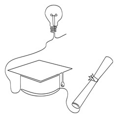 Wall Mural - simple vector sketch certificata graduation cap and bulb line single one line art, continuous