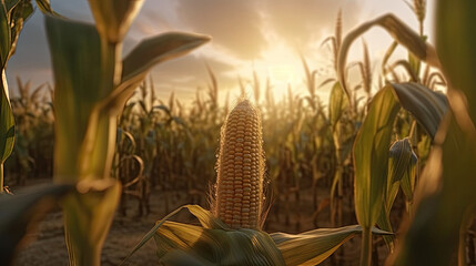 An ear of corn in a cornfield in the rays of light, generative ai, 8k