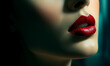 Angled view of a woman's full red lips, face in shadow, Generative AI