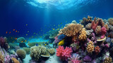 Fototapeta Do akwarium - Underwater coral reef landscape super wide banner background in deep blue ocean. Illustration AI Generative