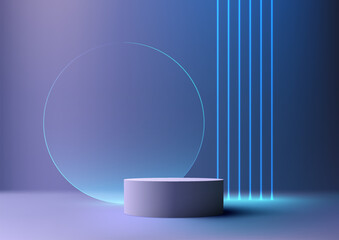 3D realistic modern style empty blue color podium stand decoration with transparent glass circle and blue neon laser lines background