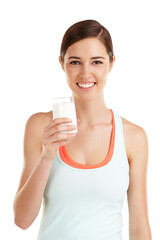 Wall Mural - Isolated woman, glass and milk in portrait with smile, wellness or health by transparent png background. Girl, model and healthy drink for nutrition, diet or happy for calcium, vitamins and self care