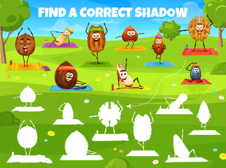 Poster - Find a correct shadow of cartoon nut character on yoga fitness sport. Kids vector game worksheet with walnut, pekan, coconut and brazil. Peanut, almond, hazelnut or sunflower seed outdoor activity