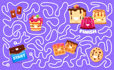 Poster - Labyrinth maze cartoon sweets and dessert characters. Kids vector board game worksheet with kawaii toffee, cheesecake, chocolate and waffle. Jelly pudding, cookie and cake personages children riddle