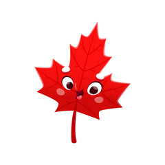 Wall Mural - Cartoon maple leaf, back to school and education vector funny character with face. Kid students or school academy mascot or back to school emoji emoticon of red maple leaf with happy smile and eyes