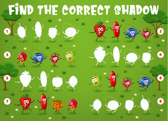 Aufkleber - Cartoon berry characters on the summer meadow. Find the correct shadow game worksheet, vector logical riddle with strawberry, blueberry and rosehip, raspberry and cloudberry, gooseberry personages