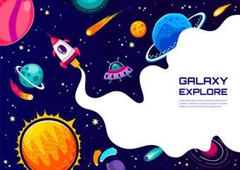 Poster - Space adventure poster. Cartoon rocket and ufo starship in galaxy, space planets and stars. Vector background with spaceship or spacecraft travel in Universe explore cosmos with white smoke frame